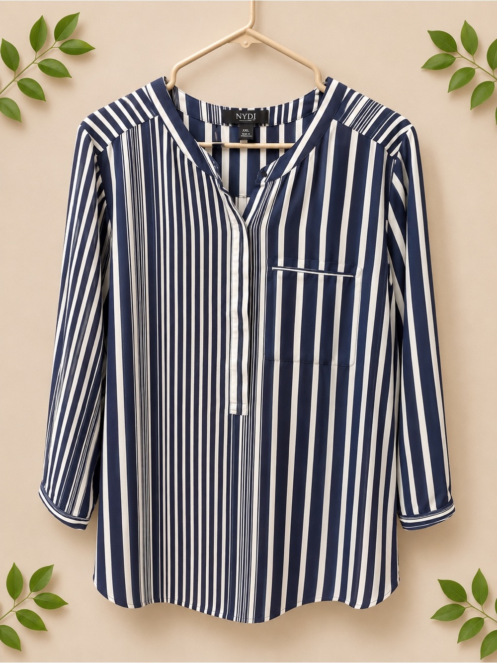 NYDJ Navy and White Vertical Stripe Tunic Blouse